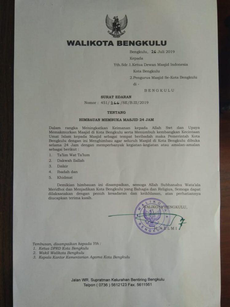 Himbau Buka Masjid 24 Jam, Kebijakan Kota Bengkulu Viral